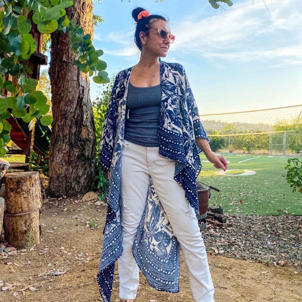 Navy Tropical Block Print Kimono